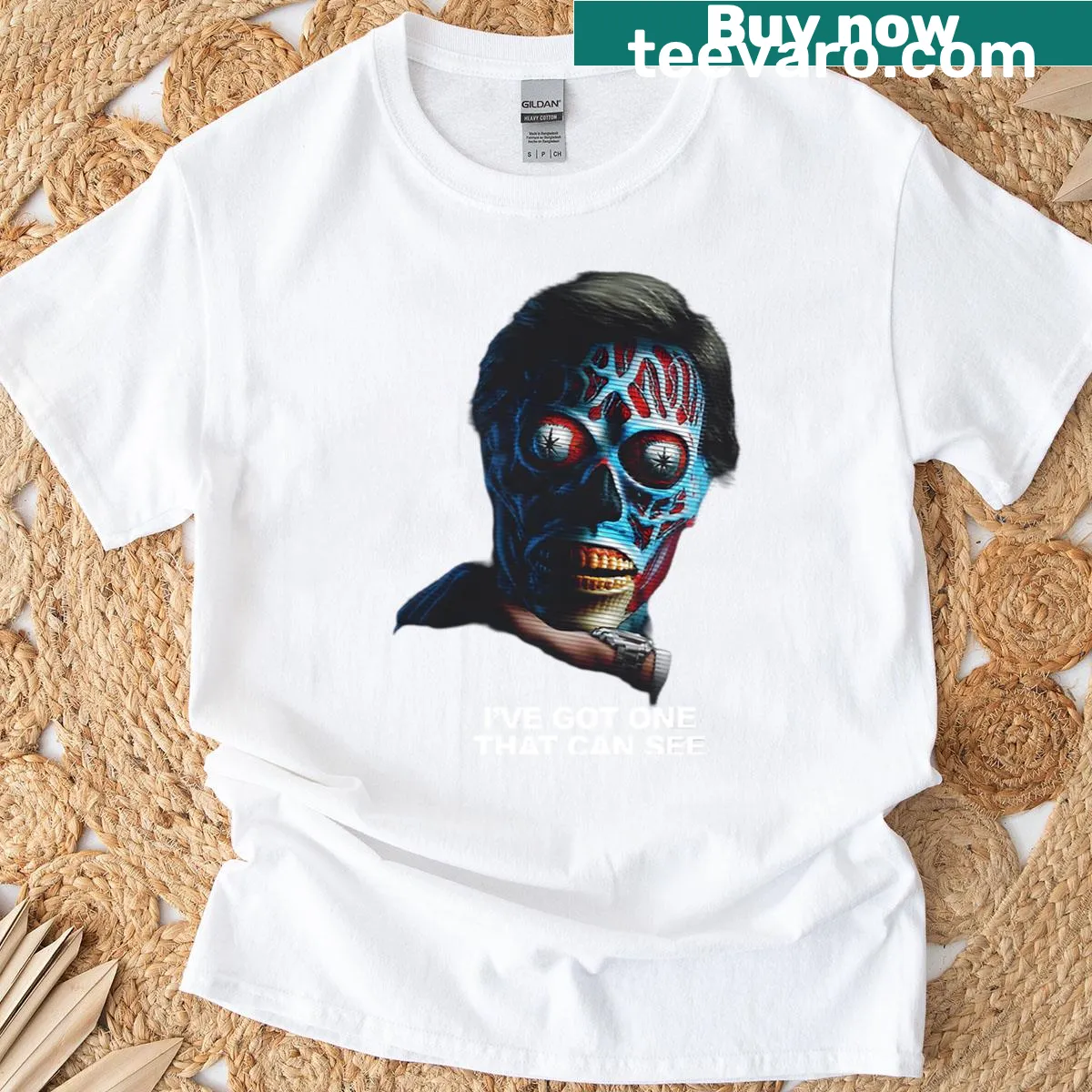 Vintage horror movie T-shirt featuring ghosts and monsters — on a men's t-shirt