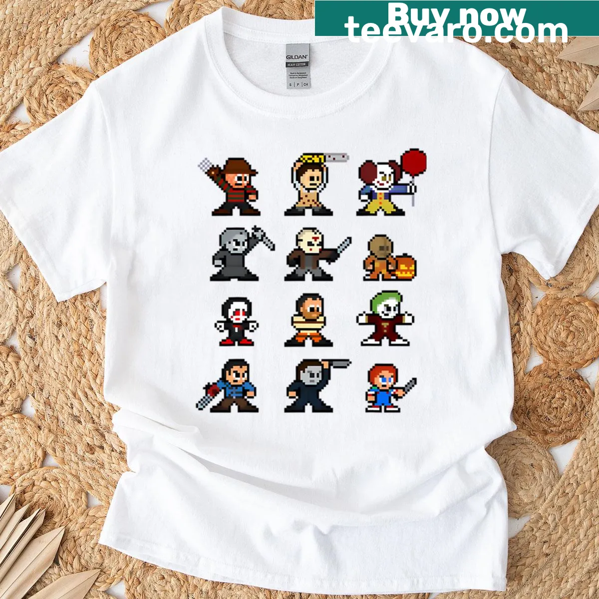 Retro T-shirt featuring villains from 80s horror movies — on a men's t-shirt