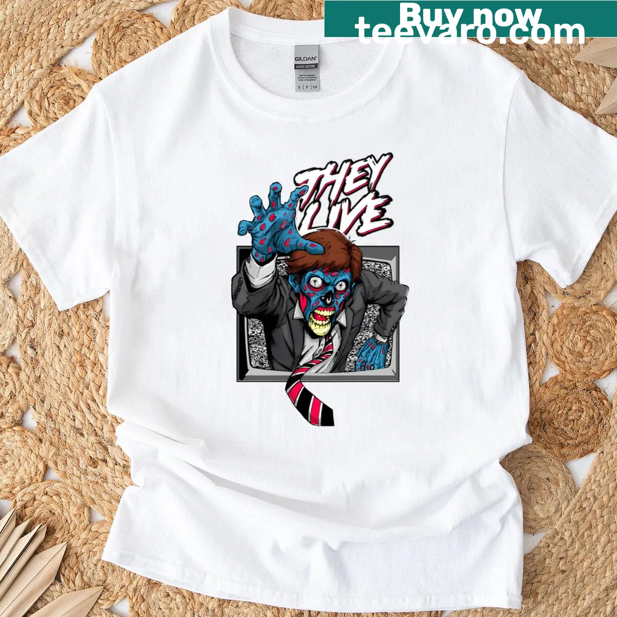 Retro horror-themed t-shirt inspired by 80s movies — on a men's t-shirt