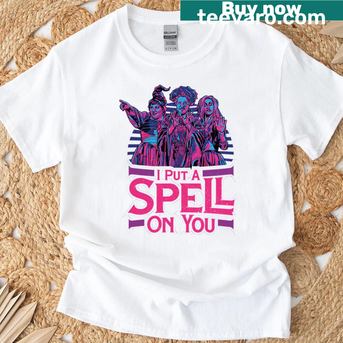 Funny Halloween T-shirt with retro witches and movie magic graphic. — on a men's t-shirt