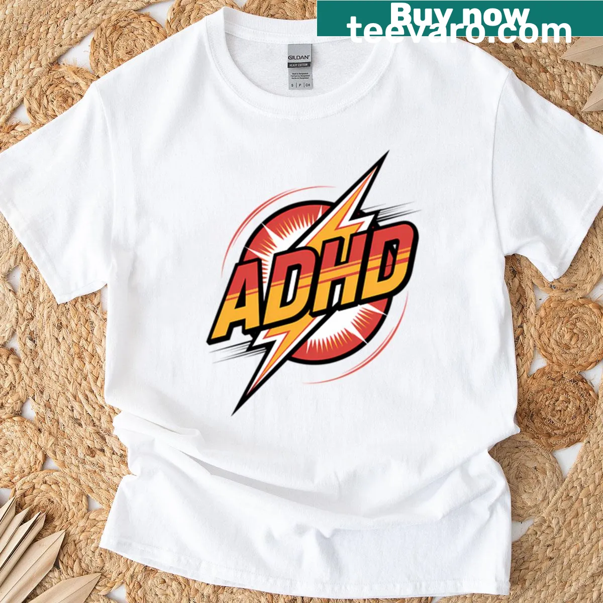 Comic style T-shirt featuring a lightning bolt emblem representing ADHD — on a men's t-shirt