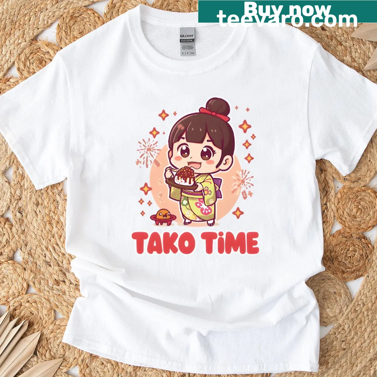 Cute kawaii girl eating takoyaki on a festival T-shirt — on a men's t-shirt