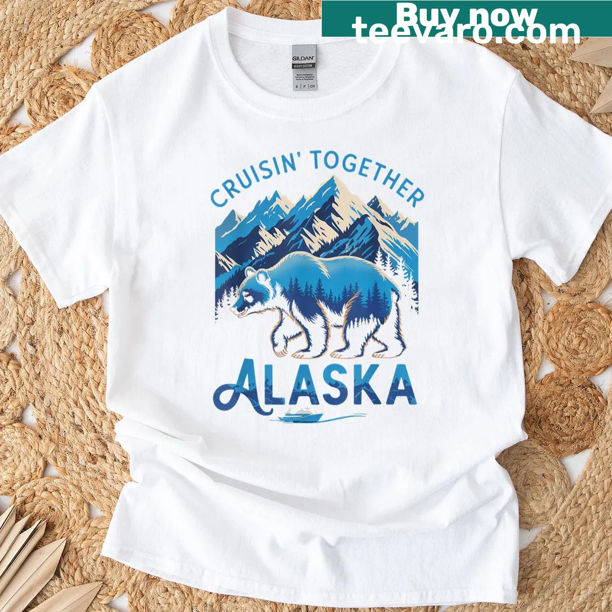 T-shirt featuring a blue bear celebrating family adventures in Alaska — on a men's t-shirt