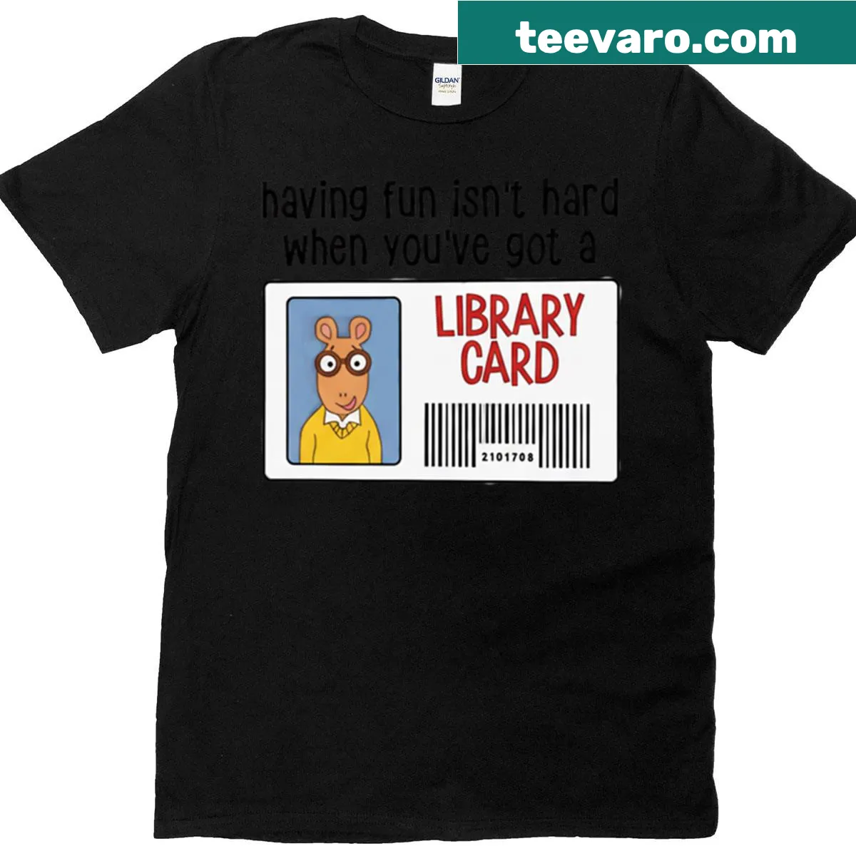 Library card-inspired t-shirt with whimsical design — on a men's t-shirt