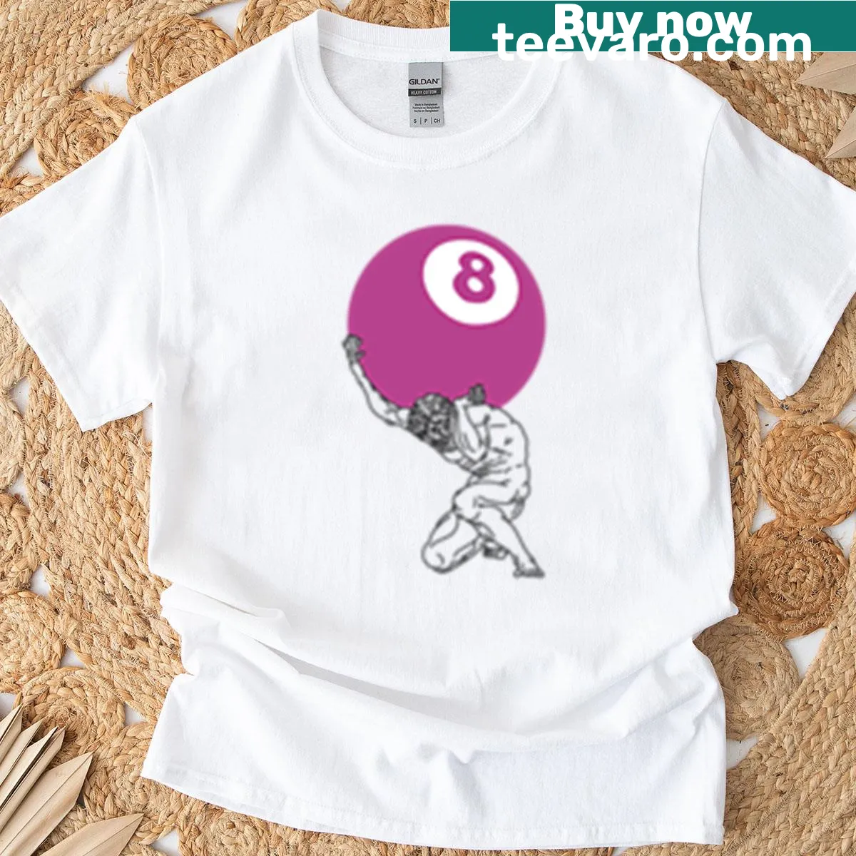 Illustration of Atlas carrying a pink 8-ball on a T-shirt — on a men's t-shirt
