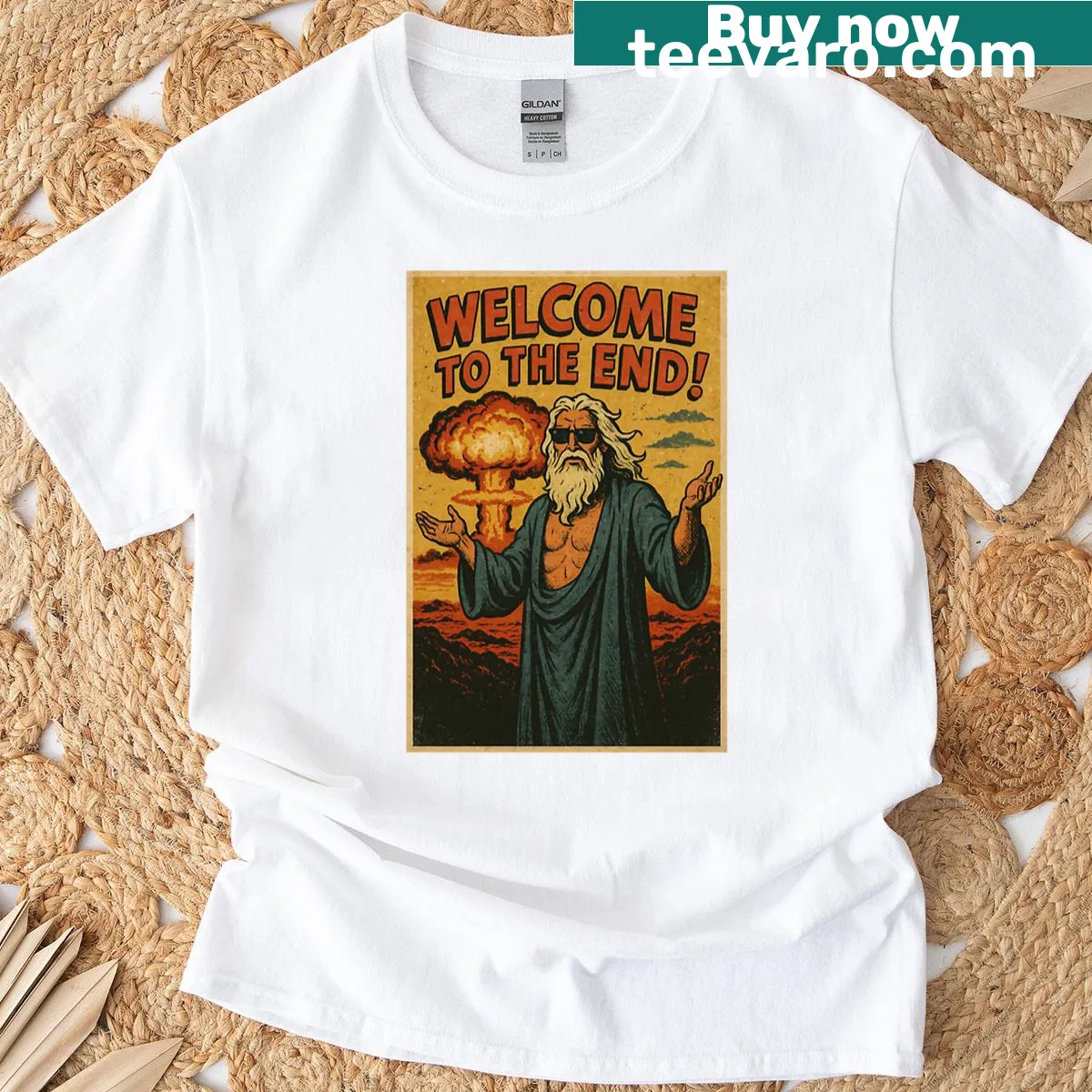 Illustrated comic-style t-shirt featuring an atomic sunset and whimsical themes — on a men's t-shirt