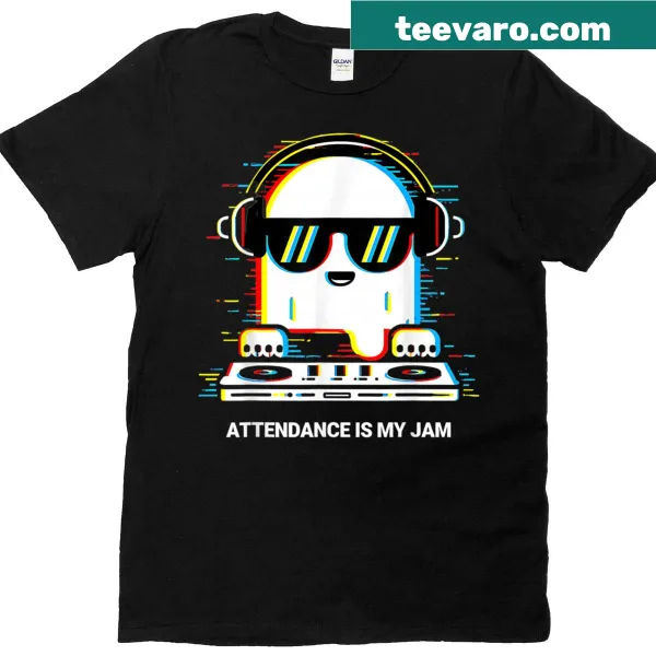 Grunge T-shirt with glitch art ghost design and 'Attendance Is My Jam' text