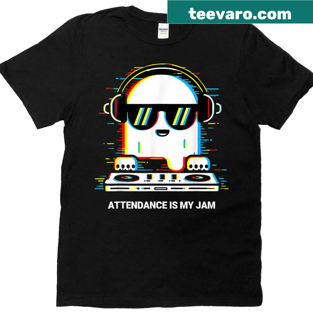 Grunge T-shirt with glitch art ghost design and 'Attendance Is My Jam' text — on a men's t-shirt