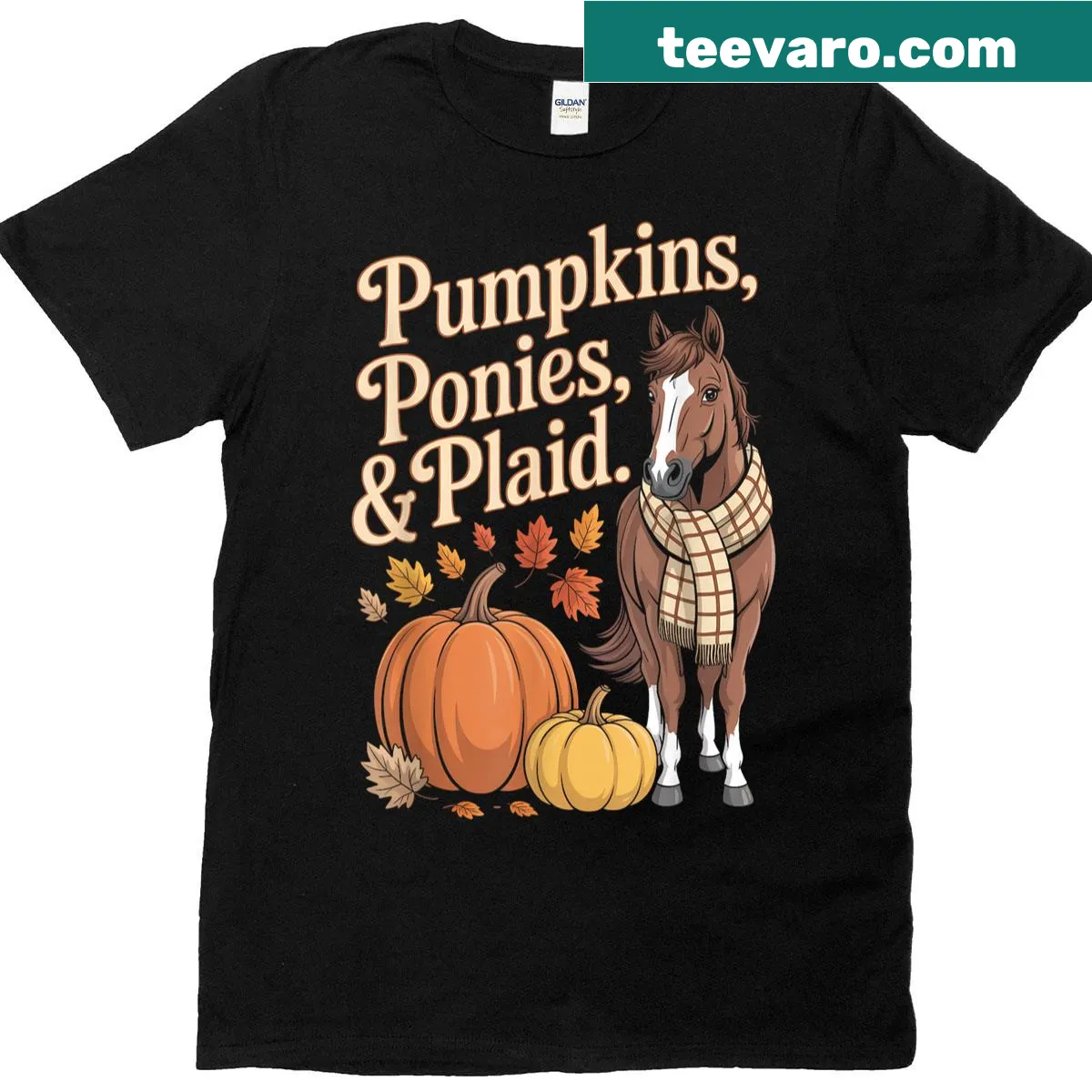 Illustration of an autumn pony with pumpkins and plaid scarf — on a men's t-shirt