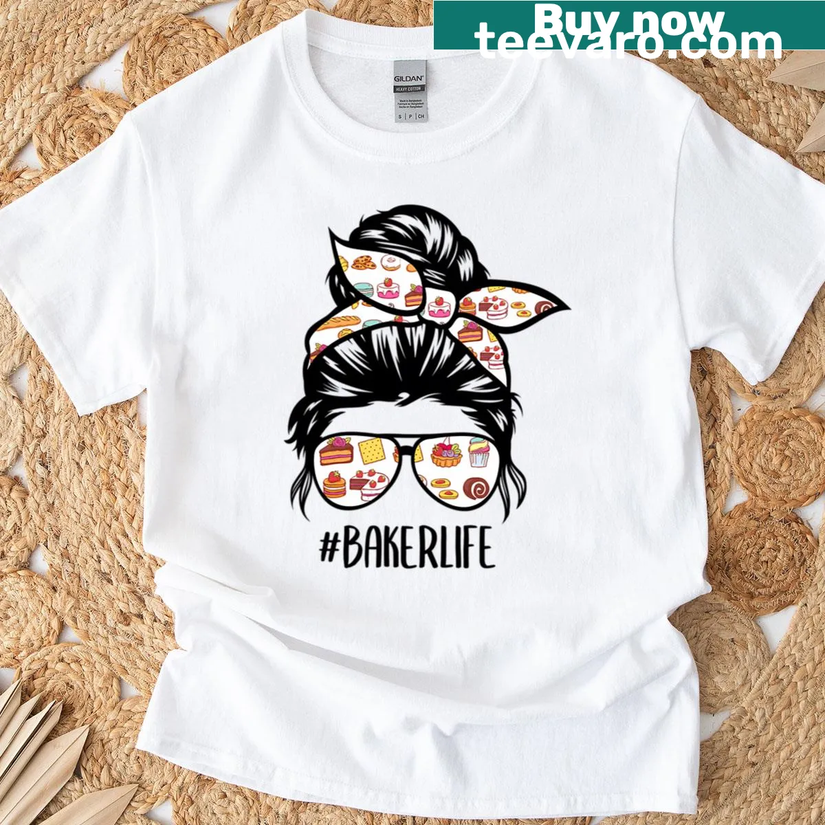 Funny t-shirt with a cartoon baker and messy bun graphic — on a men's t-shirt