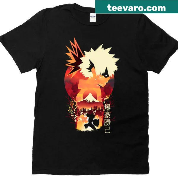 Illustrated sunset featuring Bakugou from anime on a T-shirt
