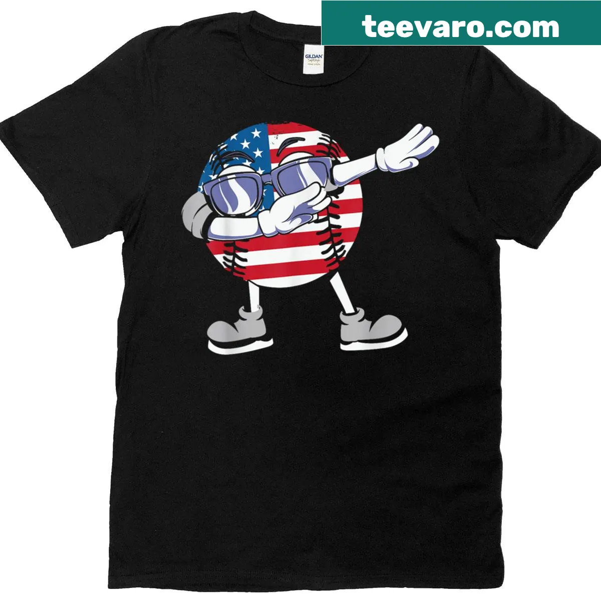 Patriotic baseball-themed T-shirt with coach and pitcher graphic — on a men's t-shirt