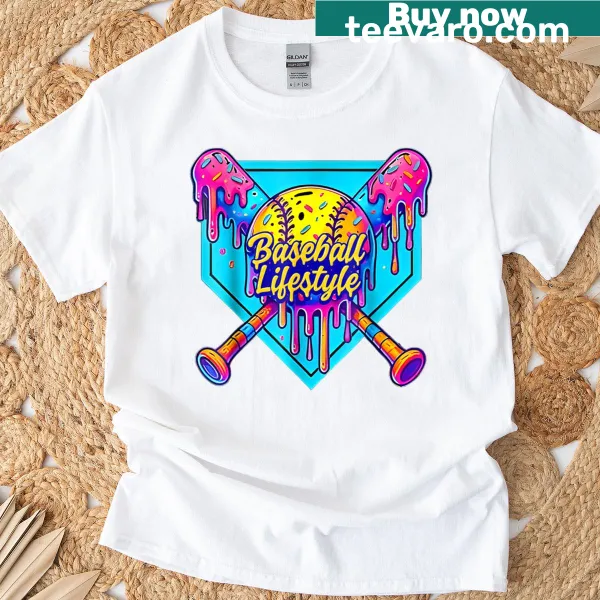 Youth T-shirt featuring baseball and ice cream cartoon design