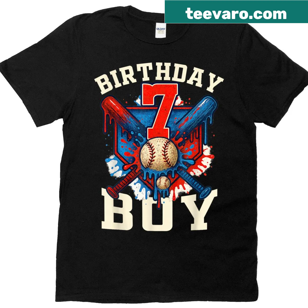 Festive baseball-themed t-shirt for a 7th birthday celebration — on a men's t-shirt