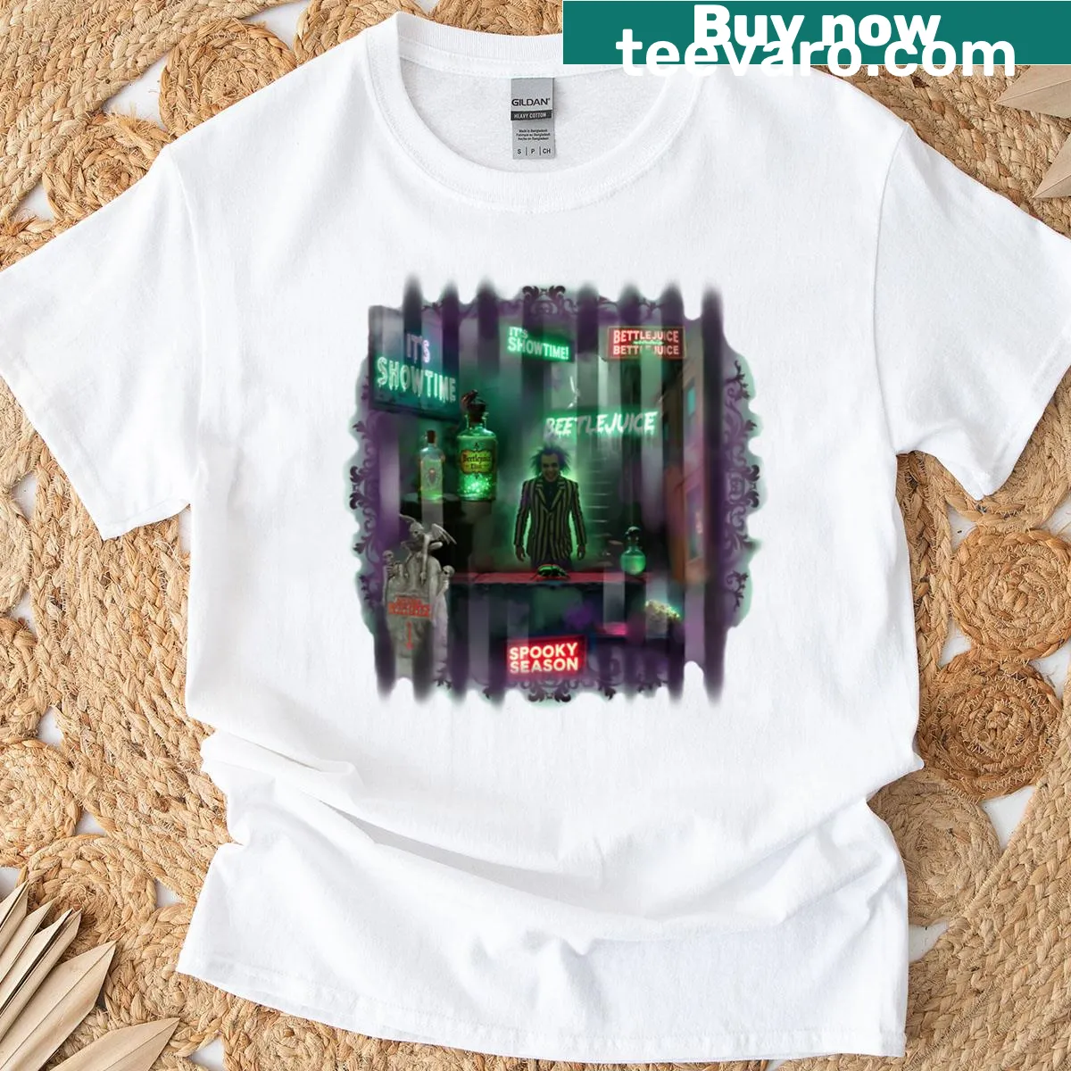 T-shirt with Beetlejuice themed graphic and 'Show Time!' text. — on a men's t-shirt