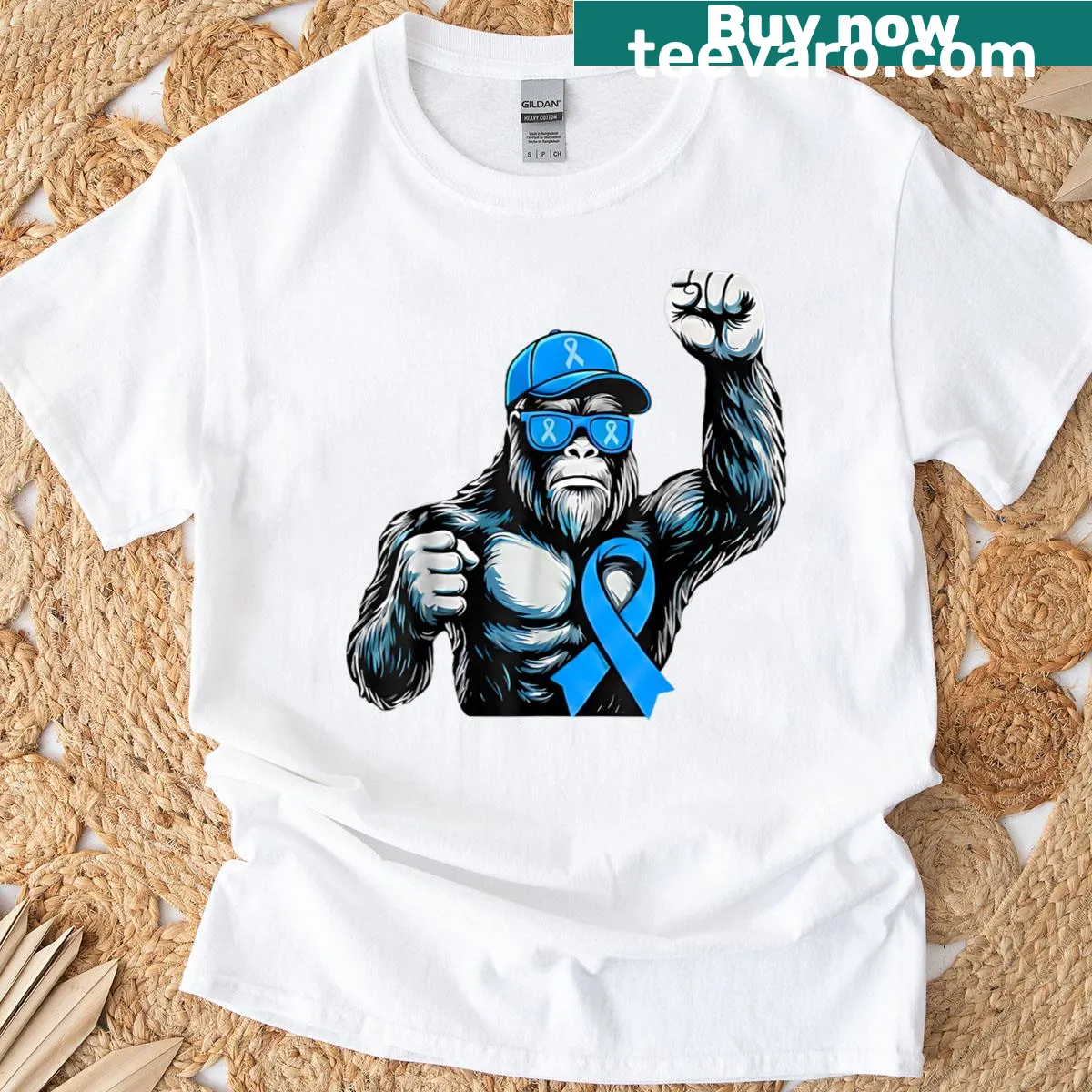 T-shirt featuring a Bigfoot design with a blue ribbon for autism awareness — on a men's t-shirt