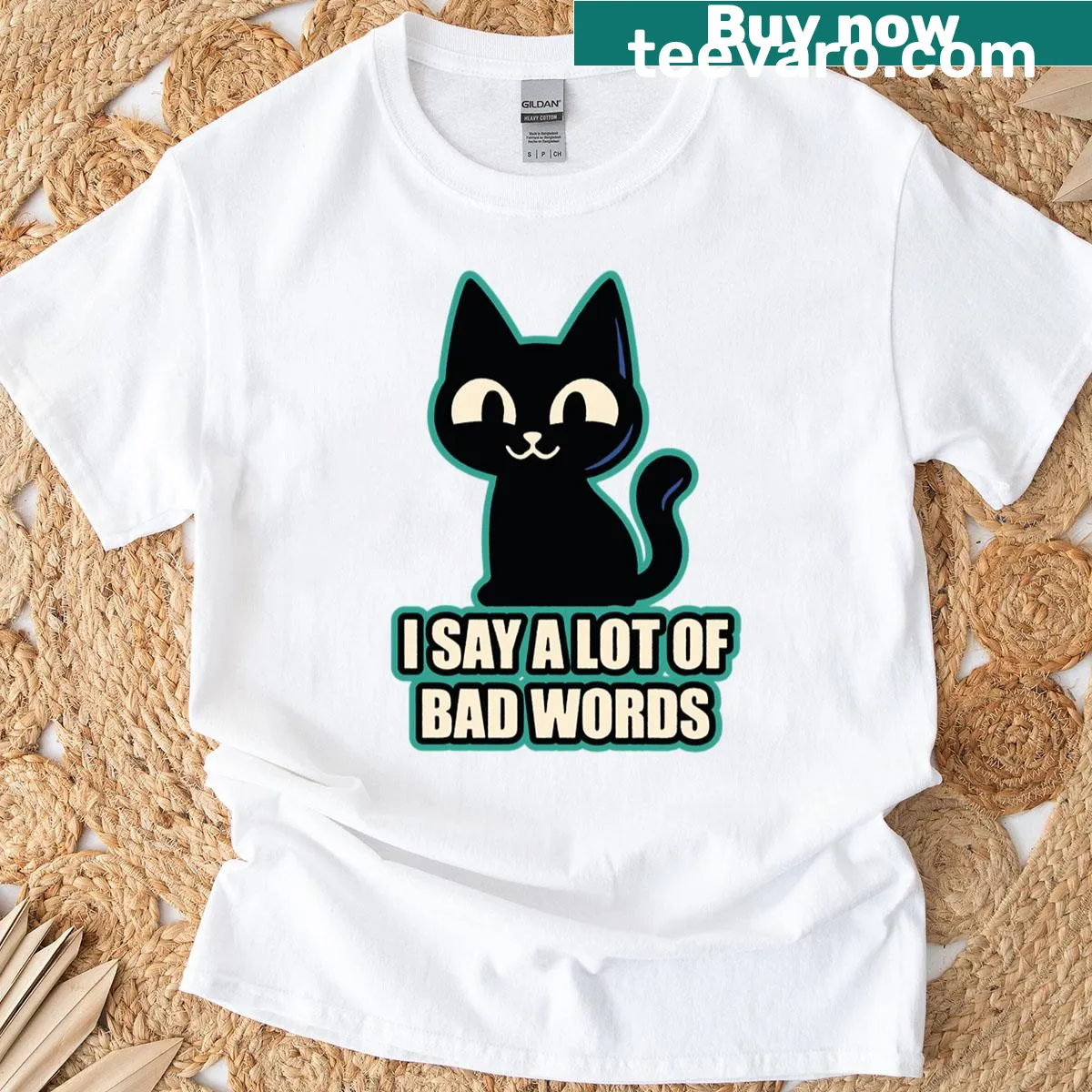 Oversized t-shirt with black cat and funny quote about bad words — on a men's t-shirt