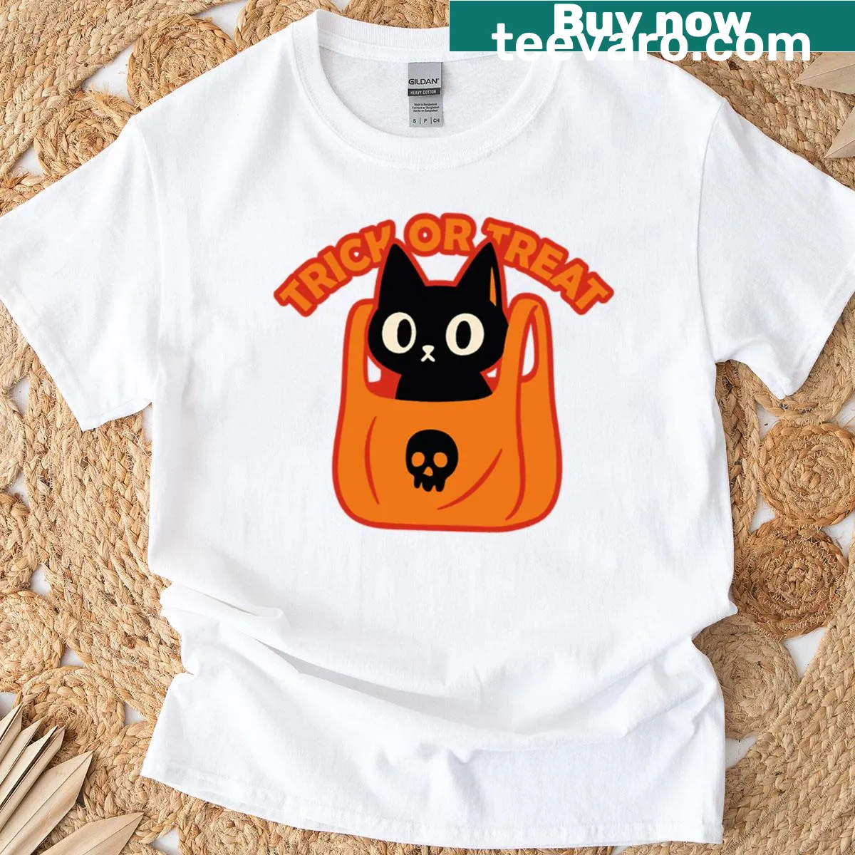 Illustrated black cat in a bag design for Halloween t-shirt — on a men's t-shirt
