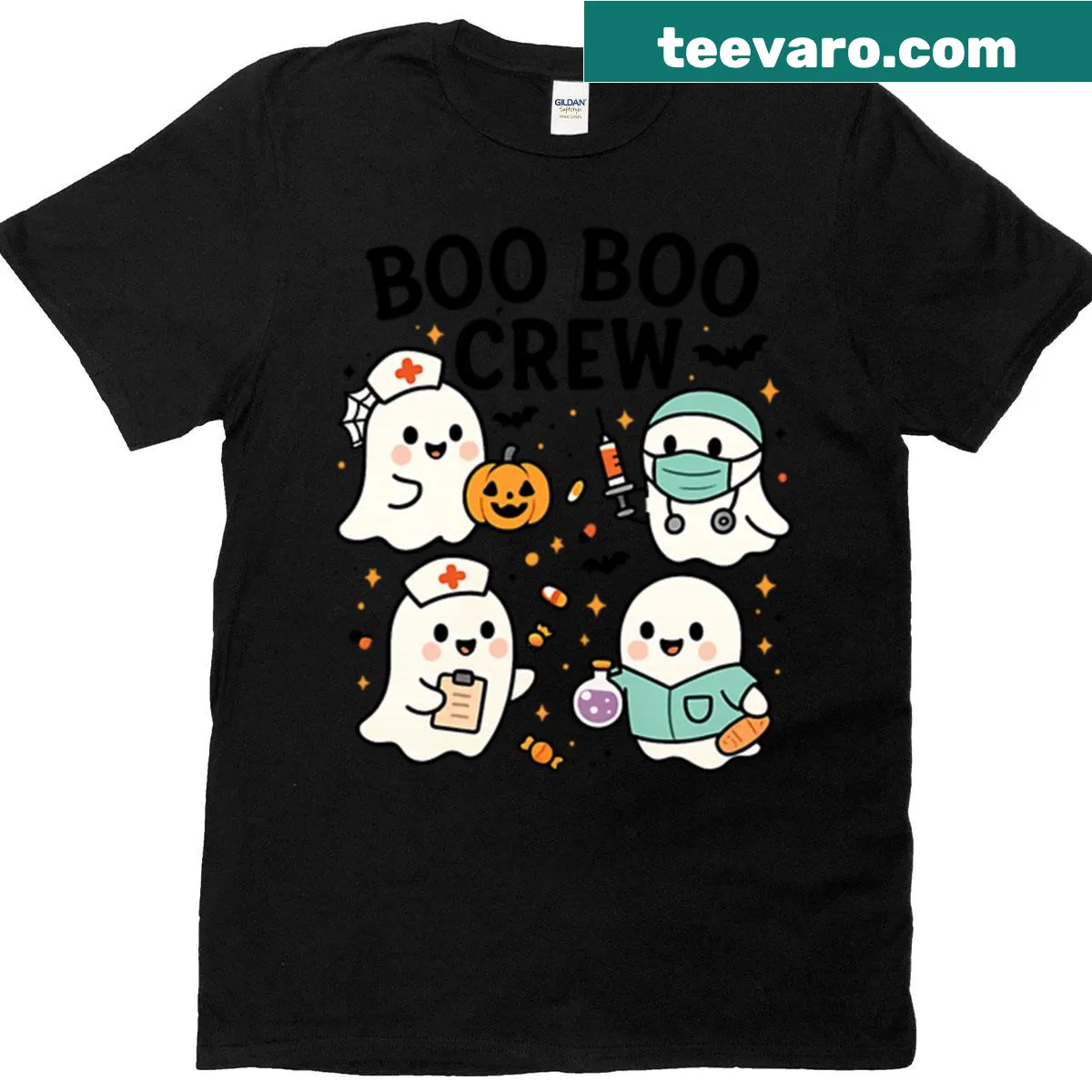 Cute Halloween T-shirt with 'Boo Boo Crew' text and ghost illustrations — on a men's t-shirt