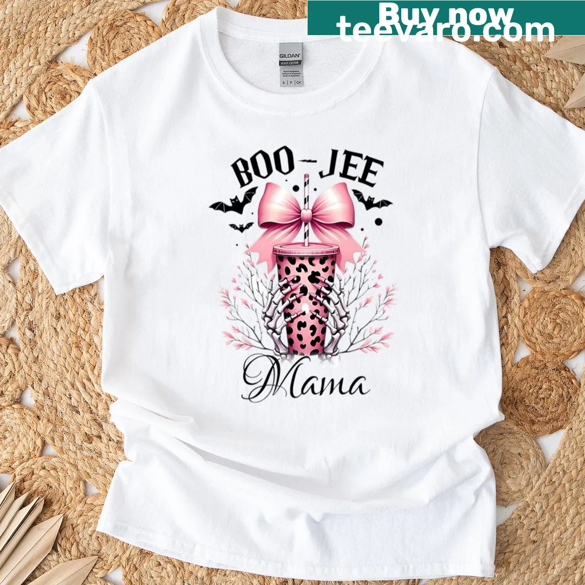 Oversized T-shirt with pink skeleton and bow design for Halloween. — on a men's t-shirt