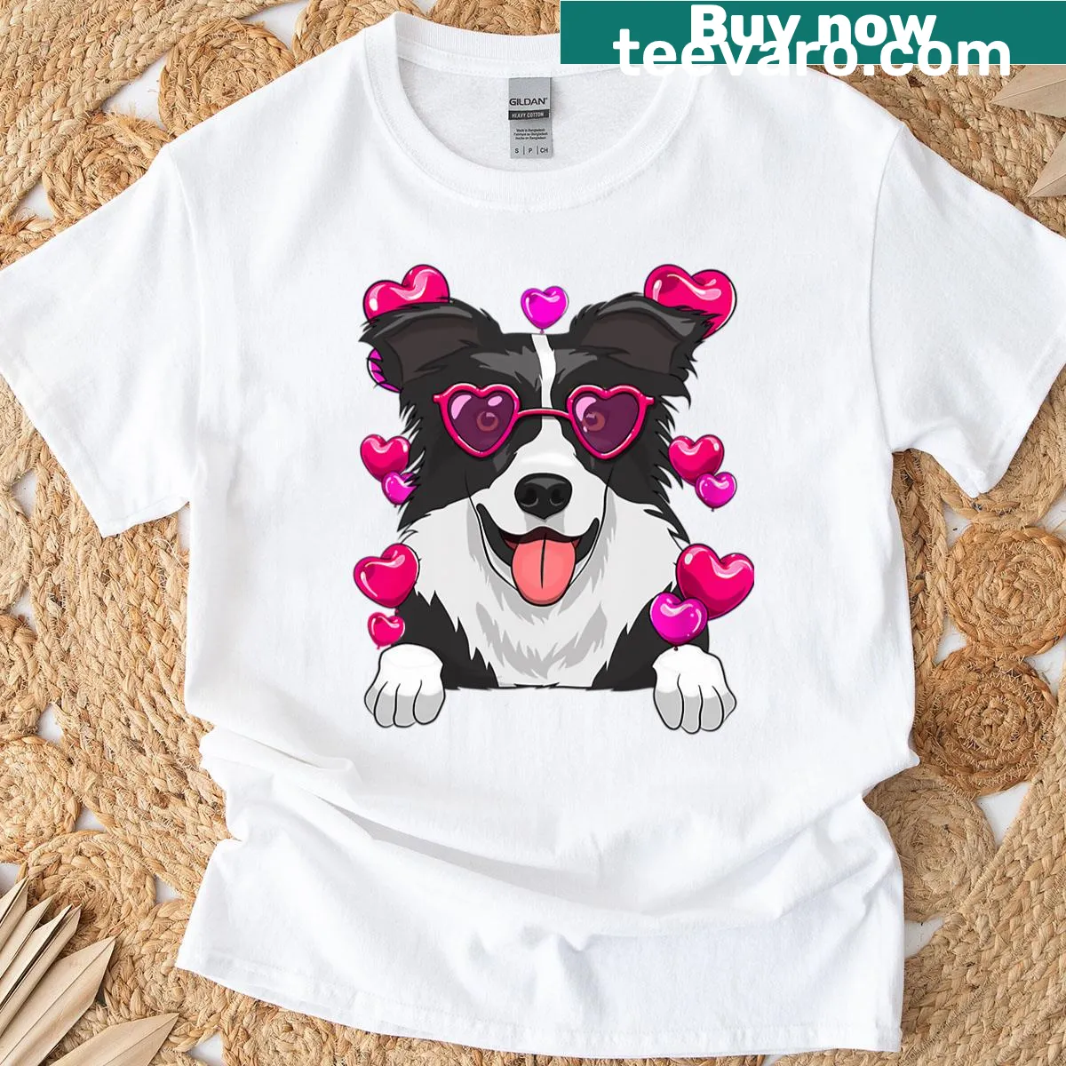 Illustrated Border Collie with heart glasses for dog lovers — on a men's t-shirt