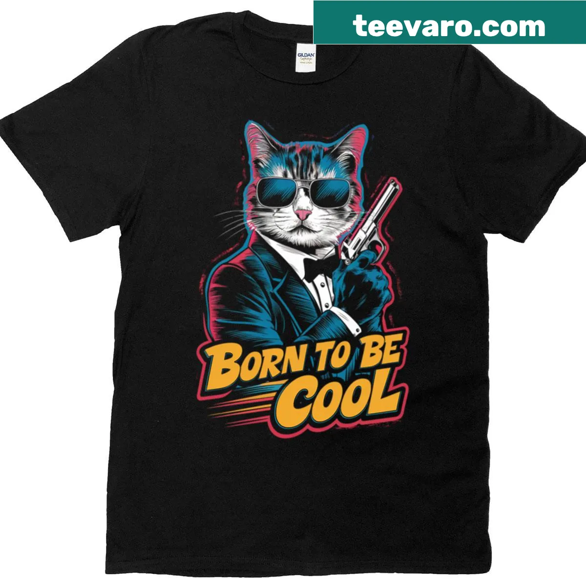 Funny cat design t-shirt with the phrase 'Born To Be Cool' — on a men's t-shirt