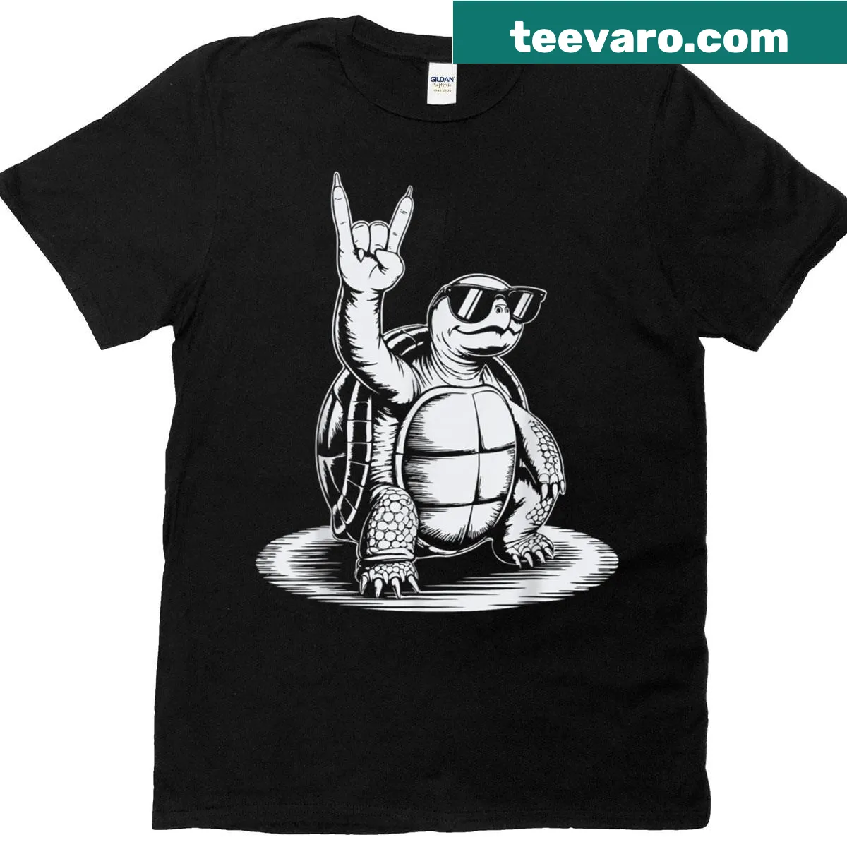 Punk rock turtle t-shirt with heavy metal theme — on a men's t-shirt