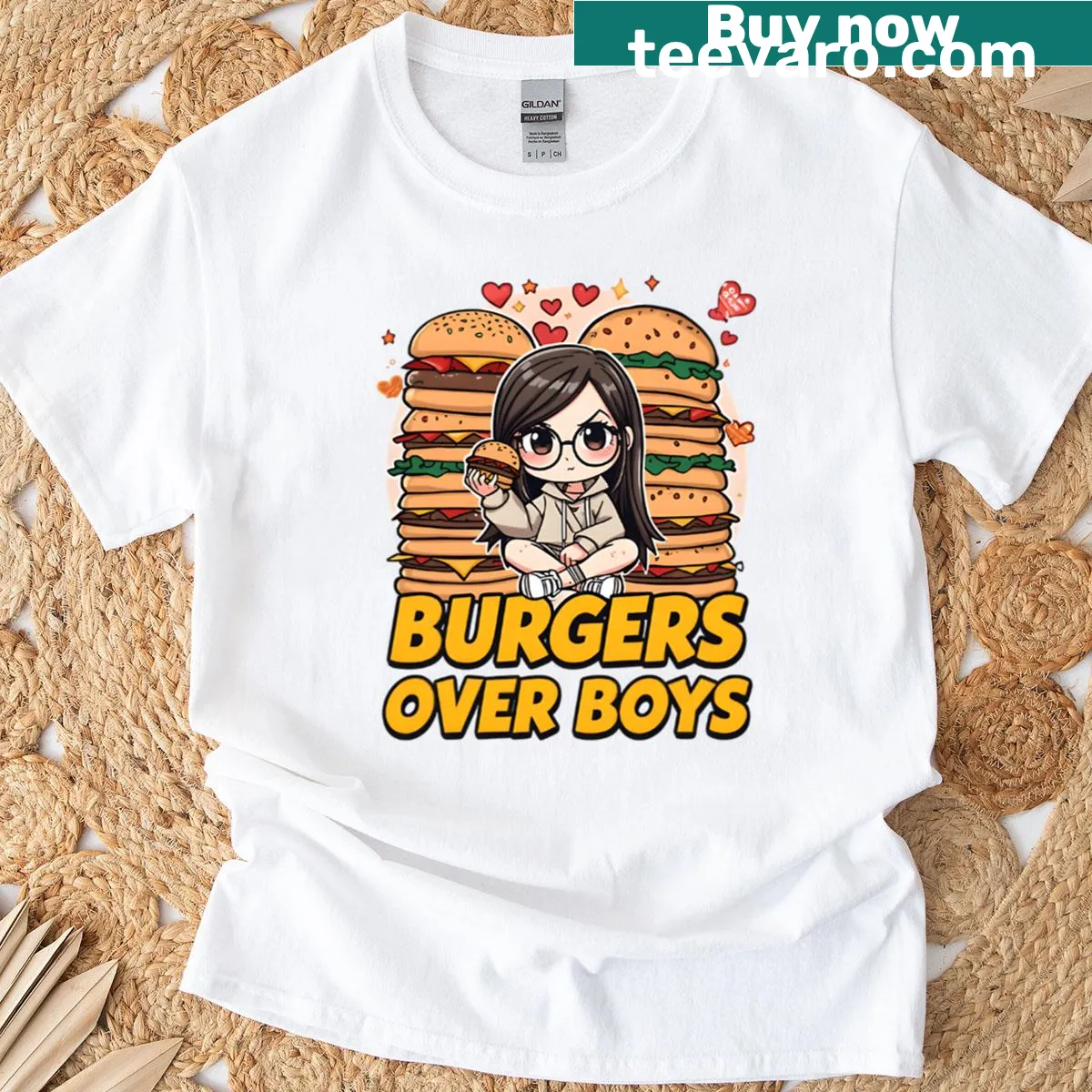 Kawaii oversized T-shirt with chibi girl eating a burger tower — on a men's t-shirt