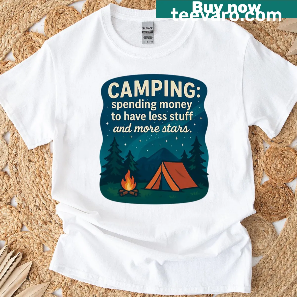 Humorous camping-themed t-shirt with a message about spending money on experiences — on a men's t-shirt