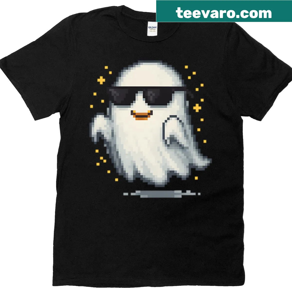 Cartoon pixel ghost T-shirt with sunglasses, perfect for Halloween — on a men's t-shirt