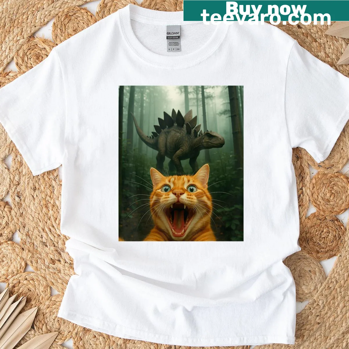 Funny T-shirt with cat selfie and stegosaurus illustration — on a men's t-shirt