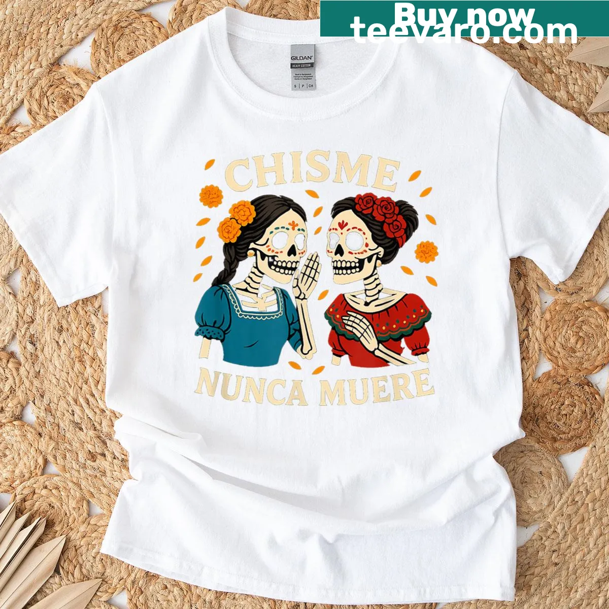T-shirt featuring gossiping skeletons for Día de los Muertos — on a men's t-shirt