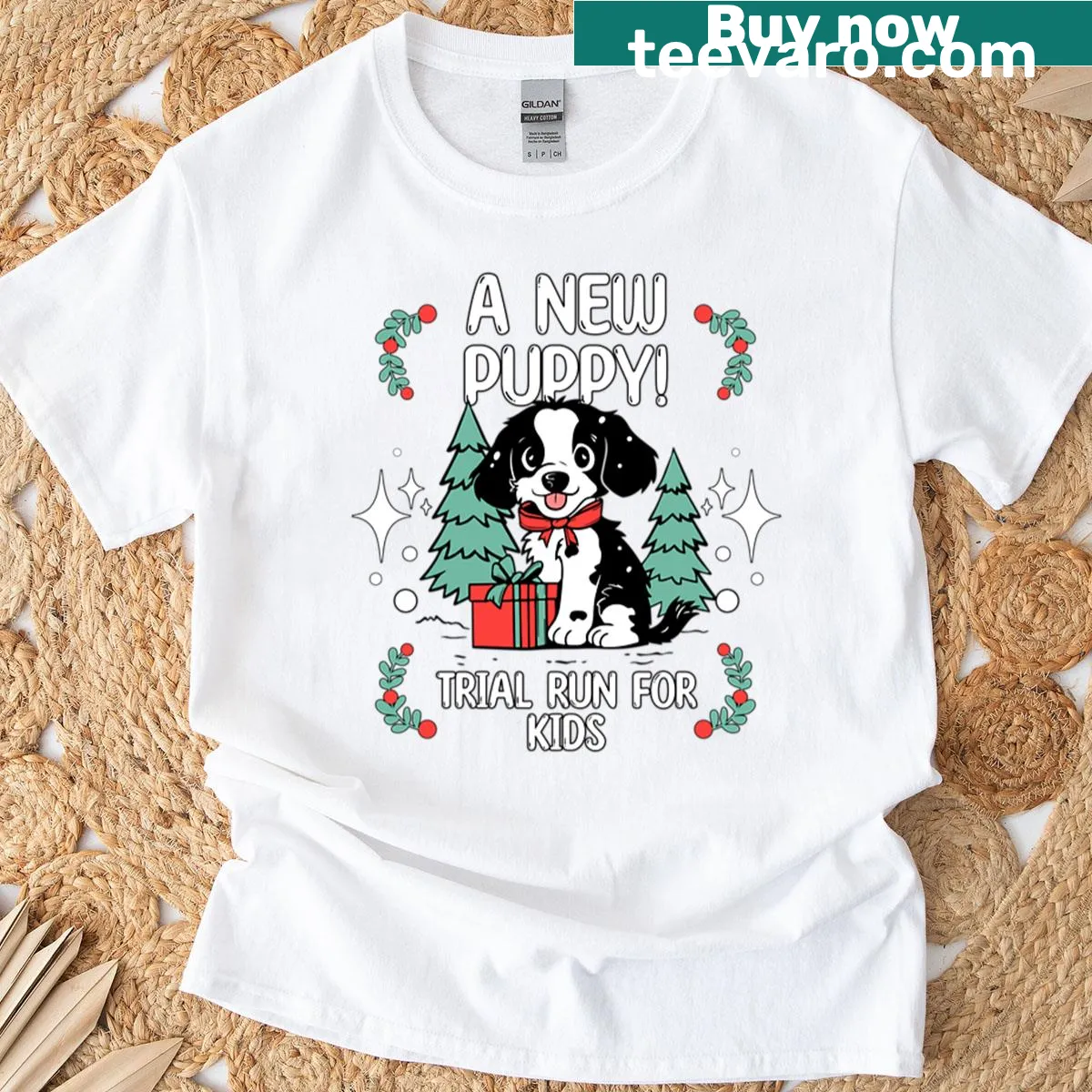 Heartwarming Christmas-themed t-shirt featuring cute puppies — on a men's t-shirt
