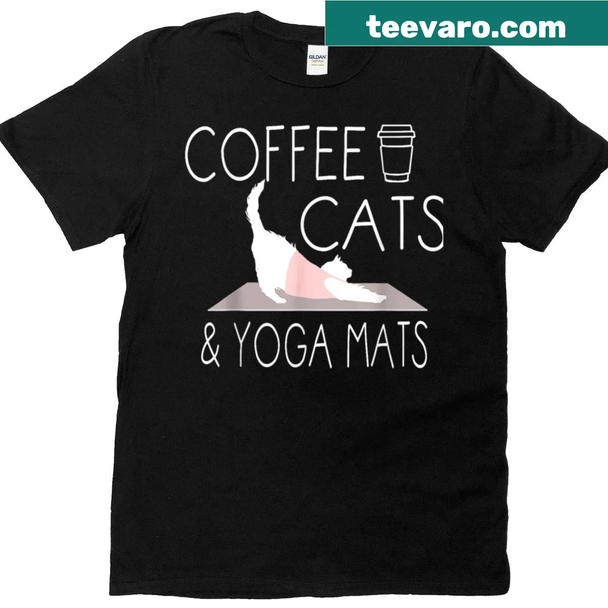 Funny t-shirt for yoga instructors featuring coffee, cats, and yoga mats — on a men's t-shirt