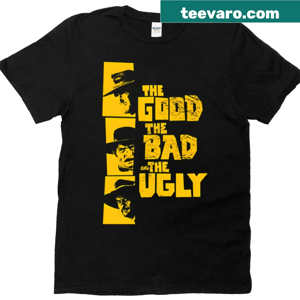 Retro cowboy film t-shirt with classic movie imagery — on a men's t-shirt
