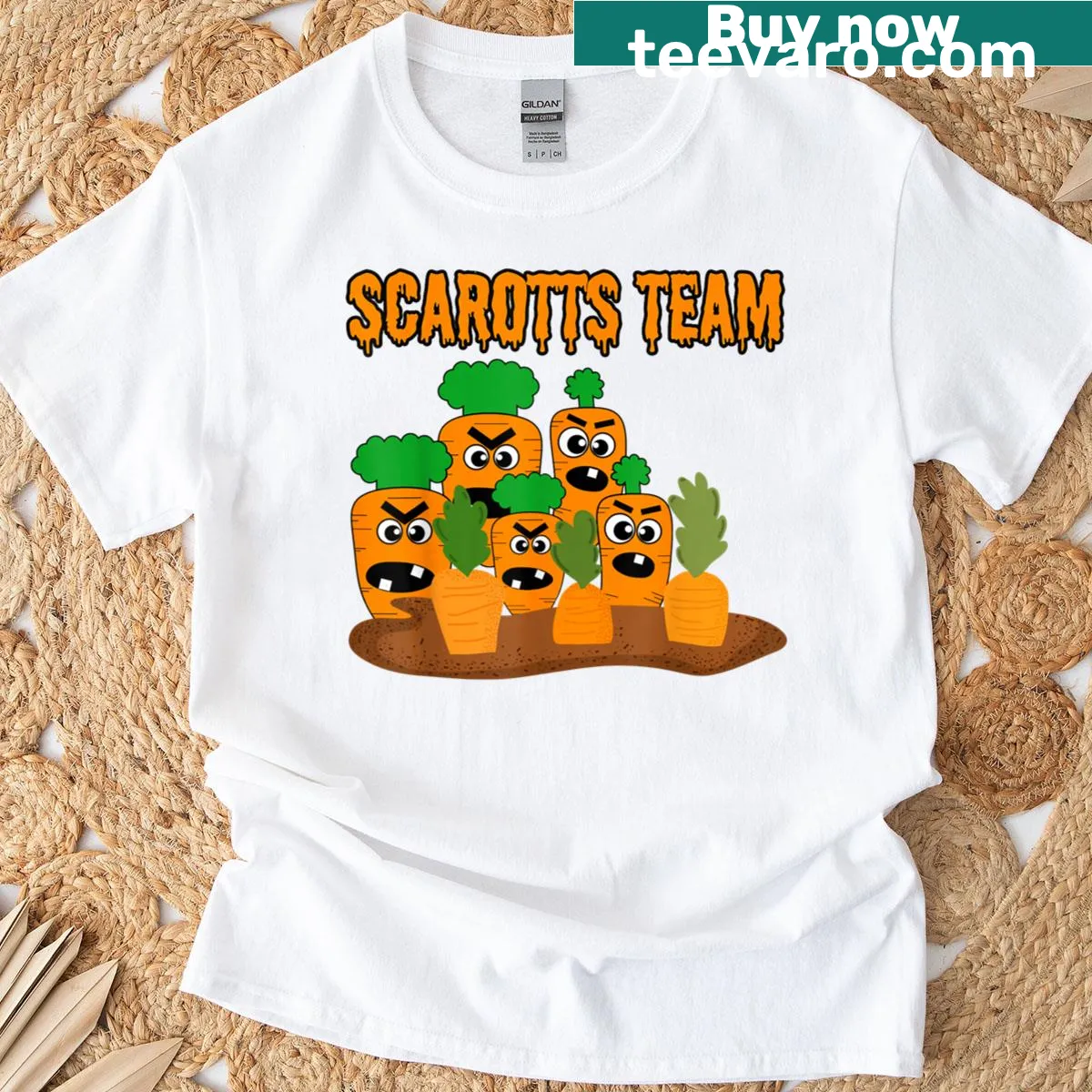 Halloween t-shirt featuring a cartoon creepy carrots design — on a men's t-shirt