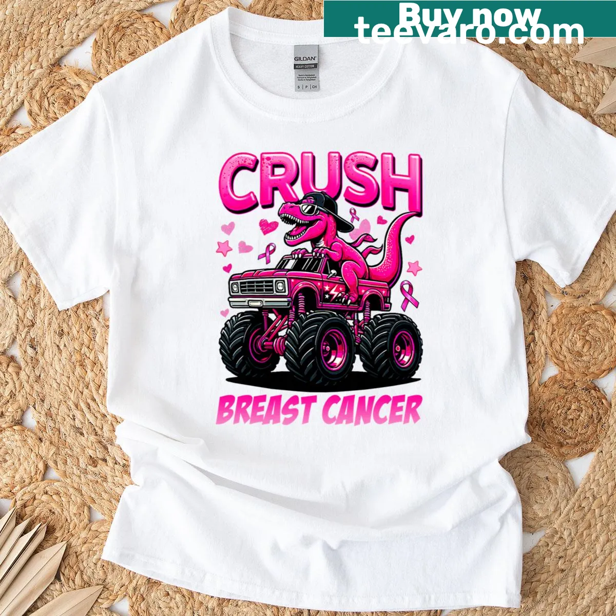 Monster truck and dinosaur illustration promoting breast cancer awareness — on a men's t-shirt