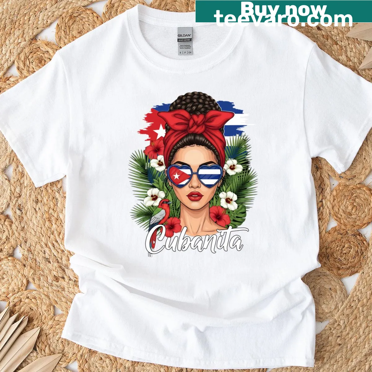 Cuban flag and messy bun graphic on a t-shirt — on a men's t-shirt