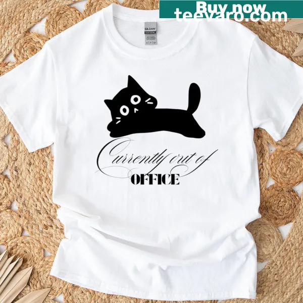 T-shirt showcasing a relaxed black cat illustration with an out-of-office theme