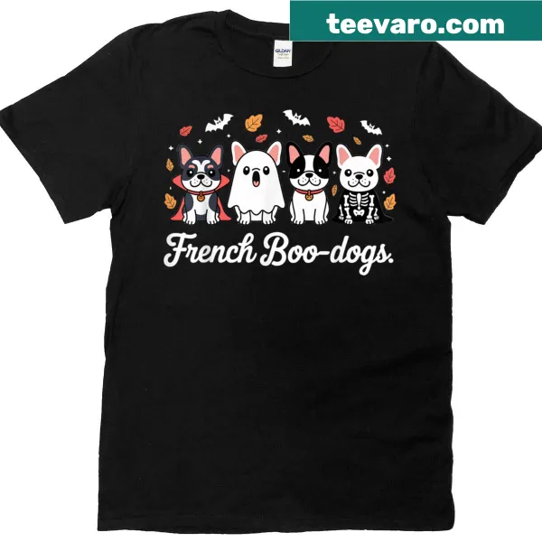 Cartoon of French bulldogs in Halloween costumes on a t-shirt