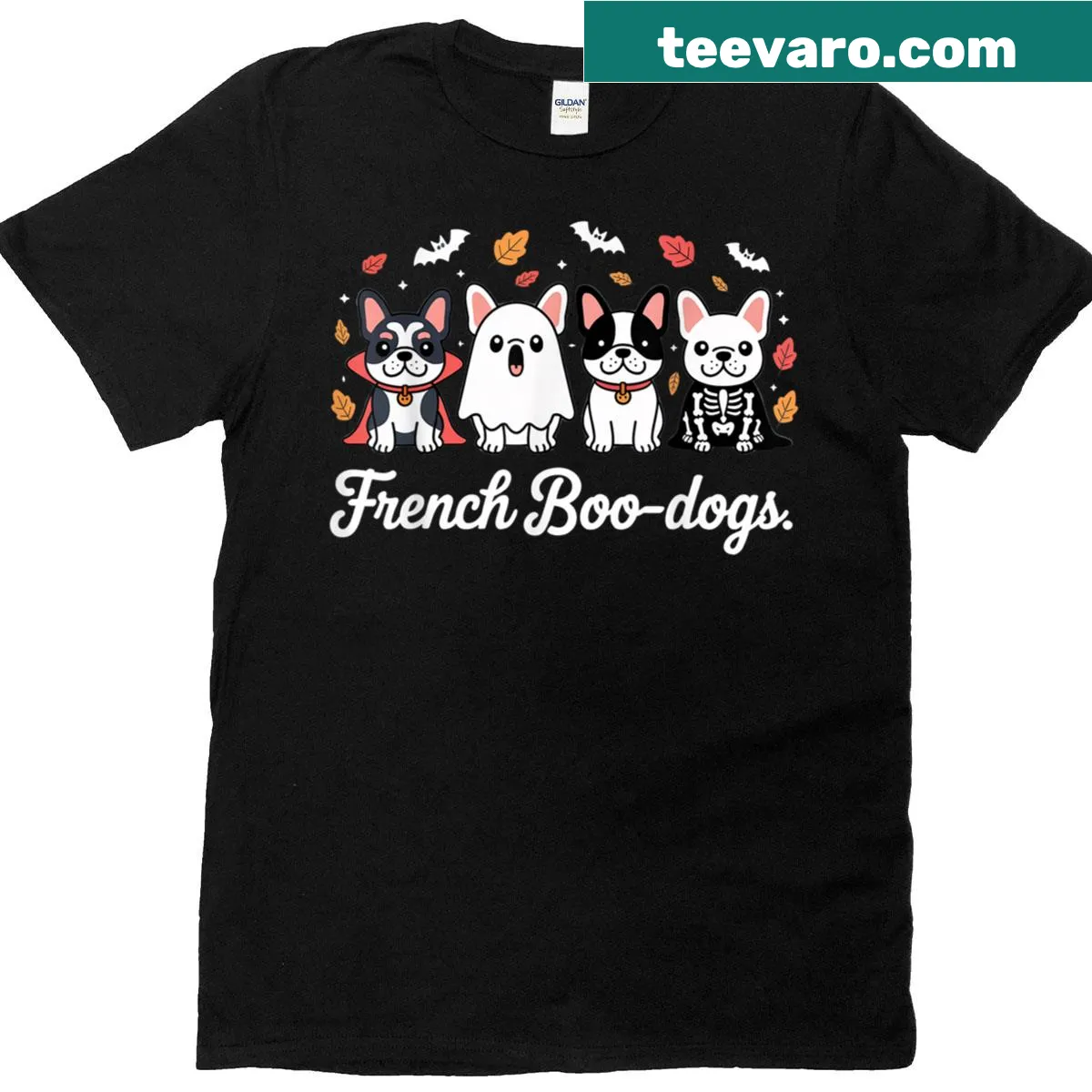 Cartoon of French bulldogs in Halloween costumes on a t-shirt — on a men's t-shirt