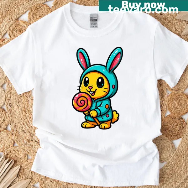Oversized t-shirt with an illustration of a cute bunny holding a lollipop