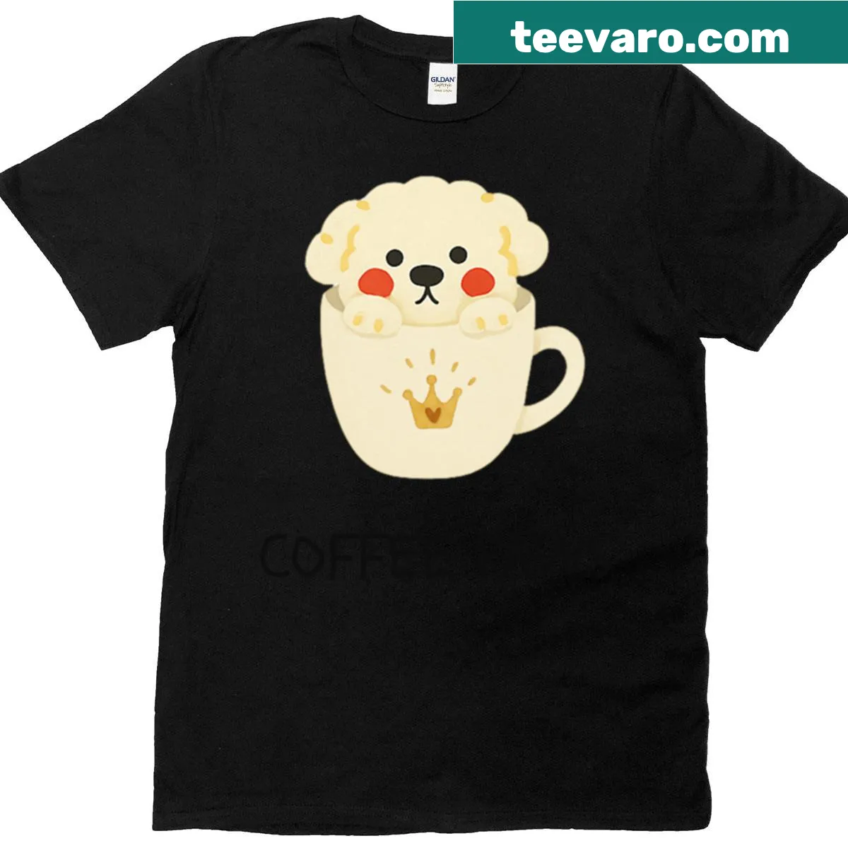 Illustration of a cute dog sitting in a coffee cup on a t-shirt — on a men's t-shirt