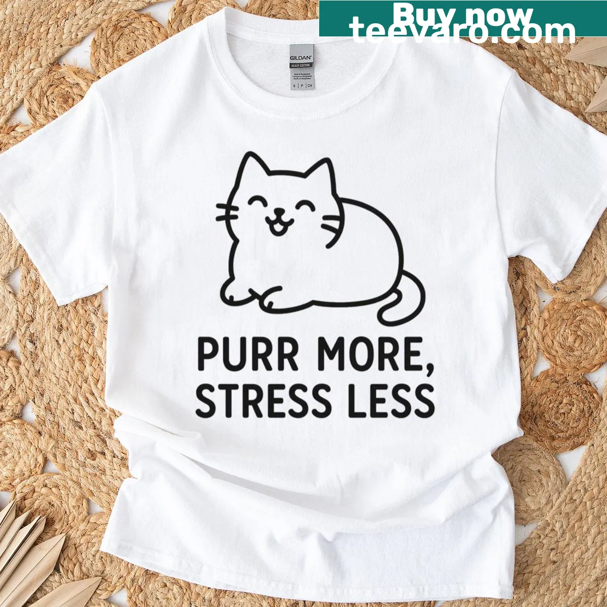 Happy cat graphic t-shirt with 'Purr More Stress Less' text — on a men's t-shirt