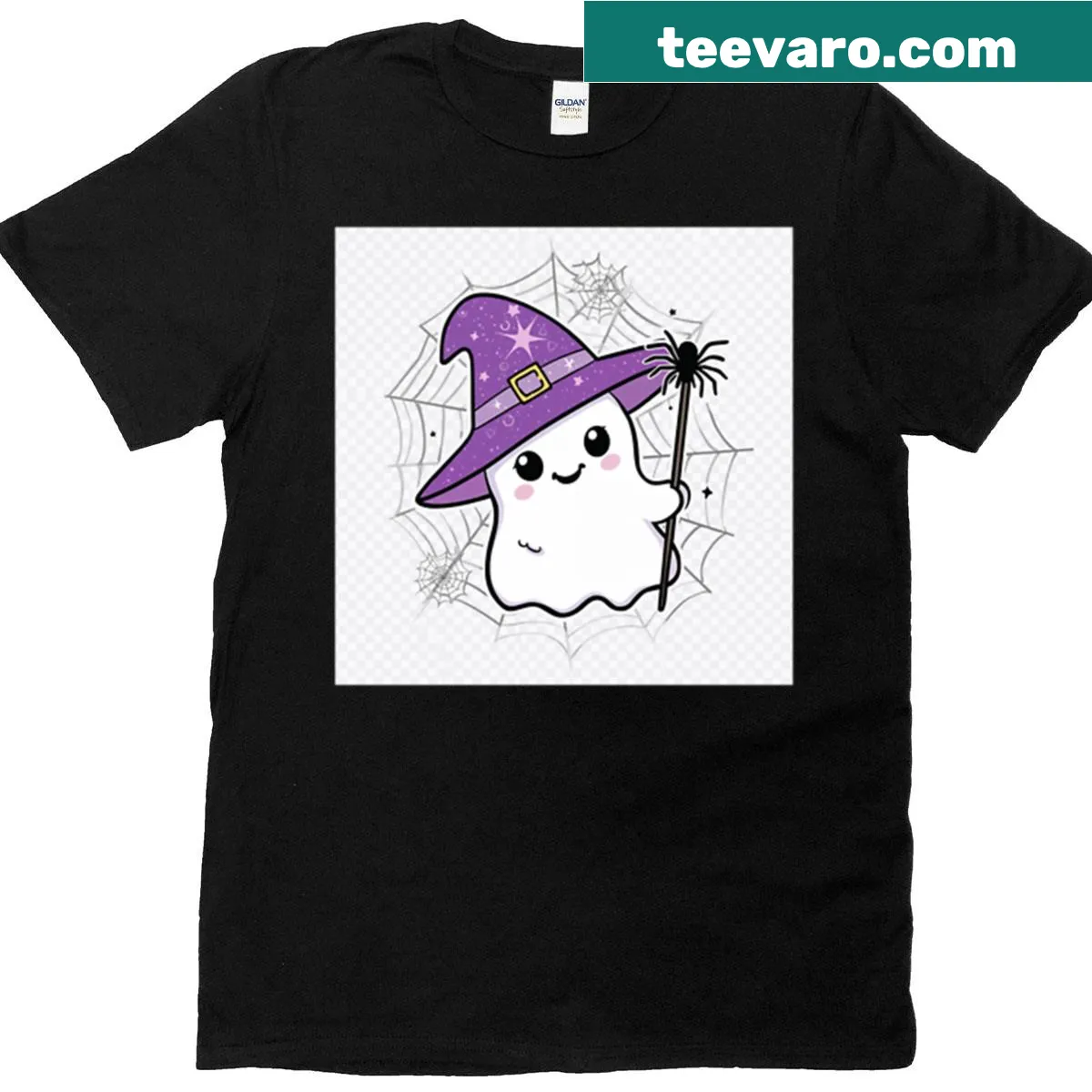 Kawaii ghost and spider design on a Halloween t-shirt — on a men's t-shirt