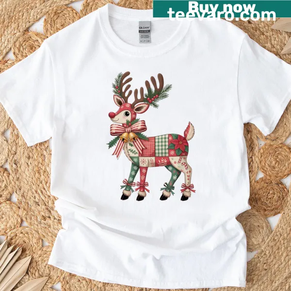 Patchwork Christmas reindeer design with a holiday bow