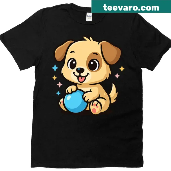 Illustration of a cute puppy playing with a blue ball on a t-shirt