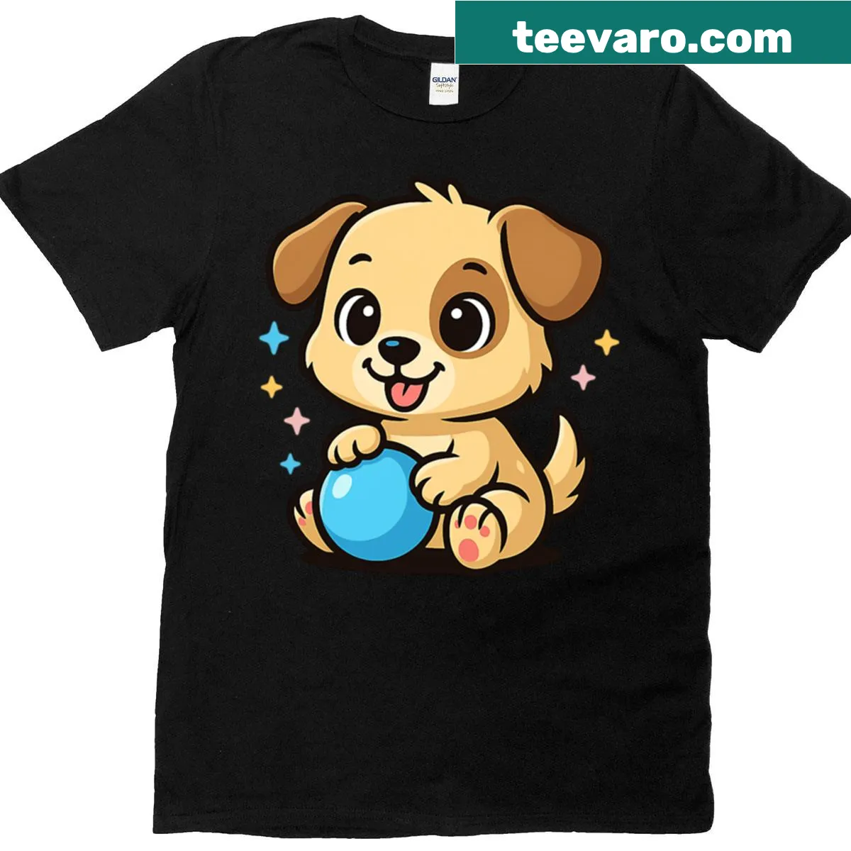 Illustration of a cute puppy playing with a blue ball on a t-shirt — on a men's t-shirt