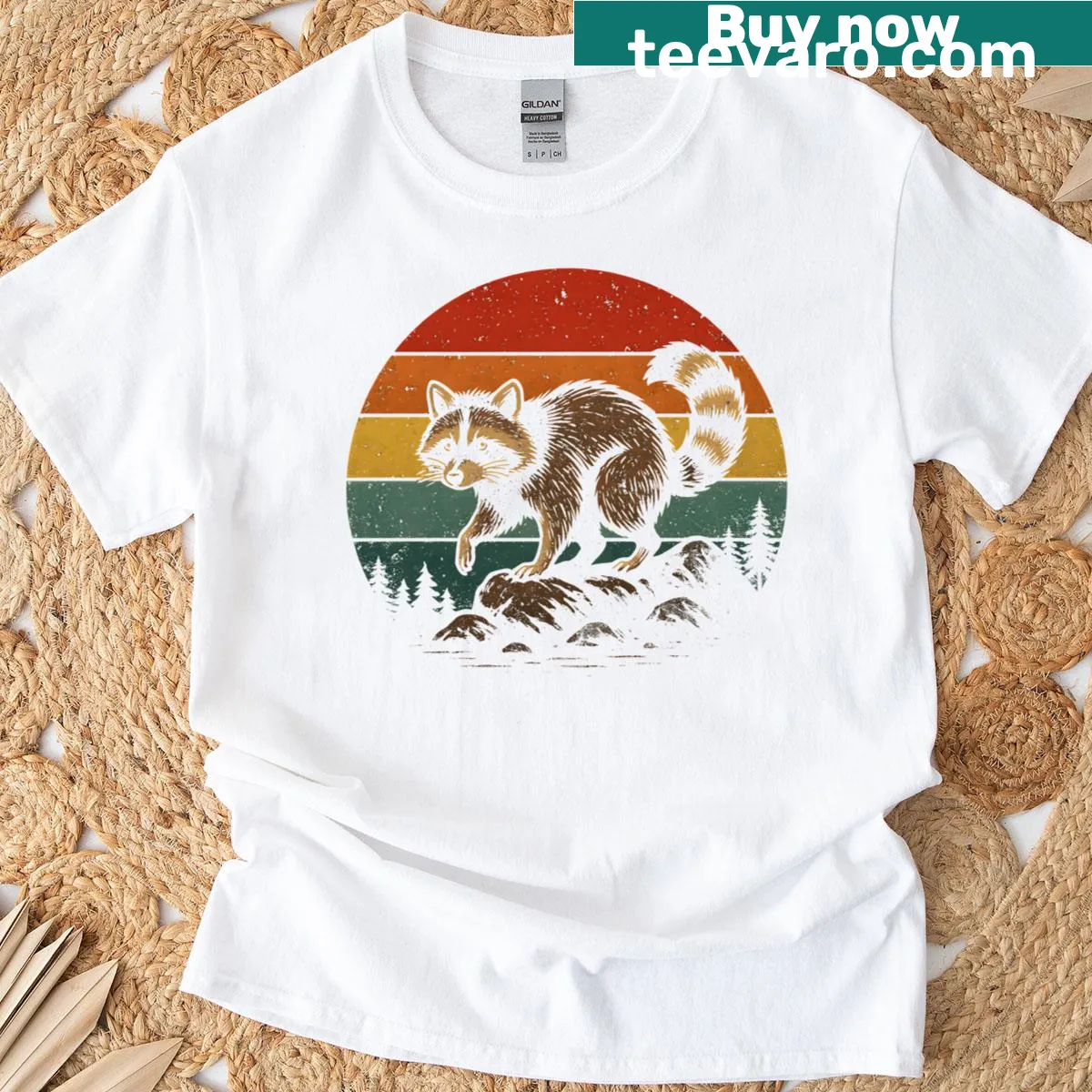 Vintage sunset artwork featuring a cute raccoon — on a men's t-shirt