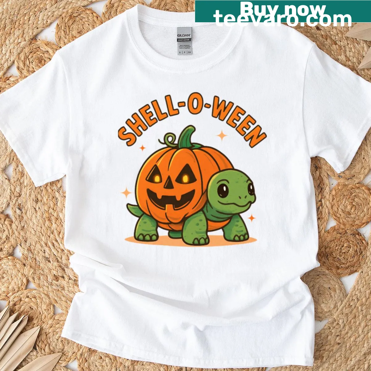 Shell-o-ween turtle design with pumpkin for Halloween humor — on a men's t-shirt